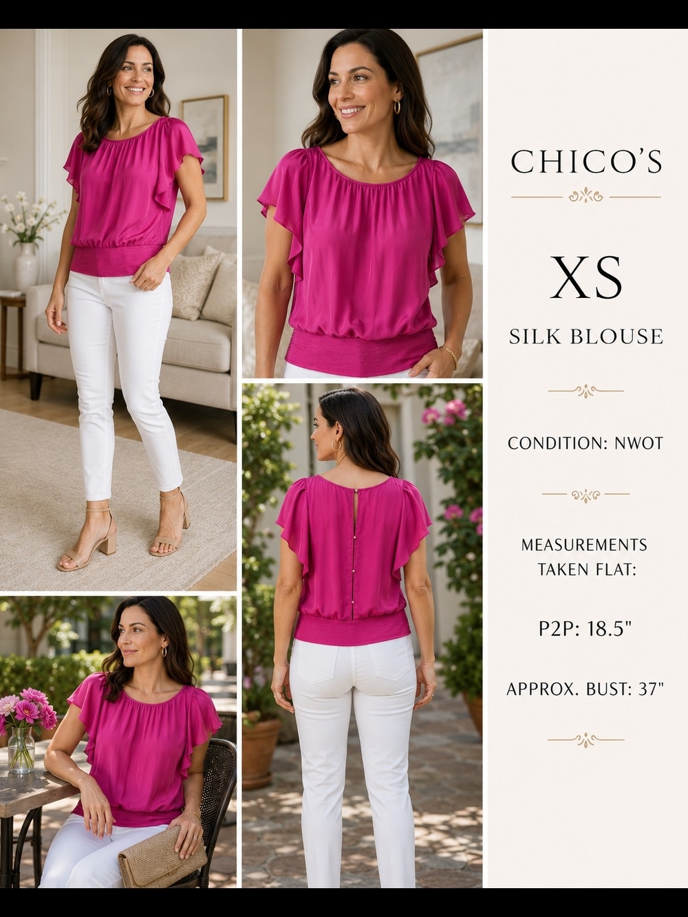 Chico’s XS Fuchsia Pink Silk Flutter Sleeve Blouse NWOT

Description: